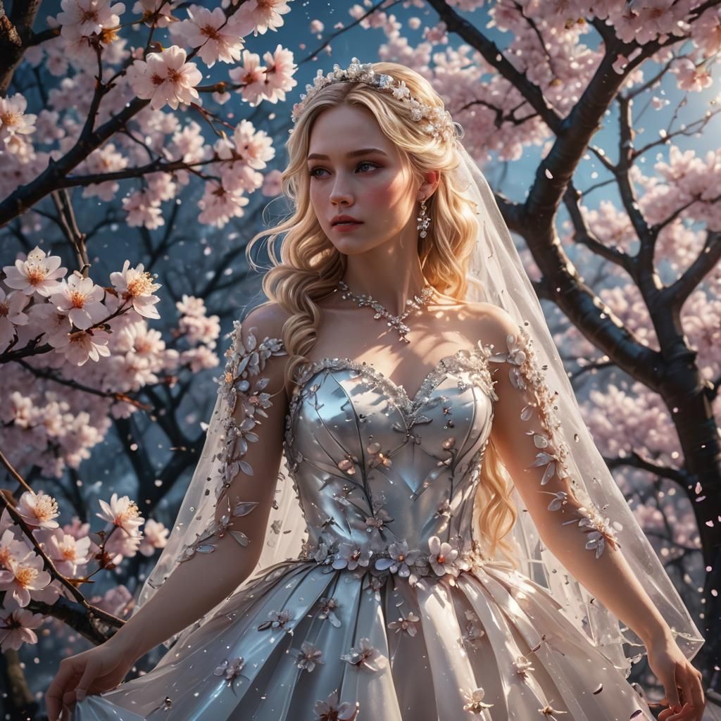 Crystal Ice Bride in Cherry Blossom Fantasy Art
