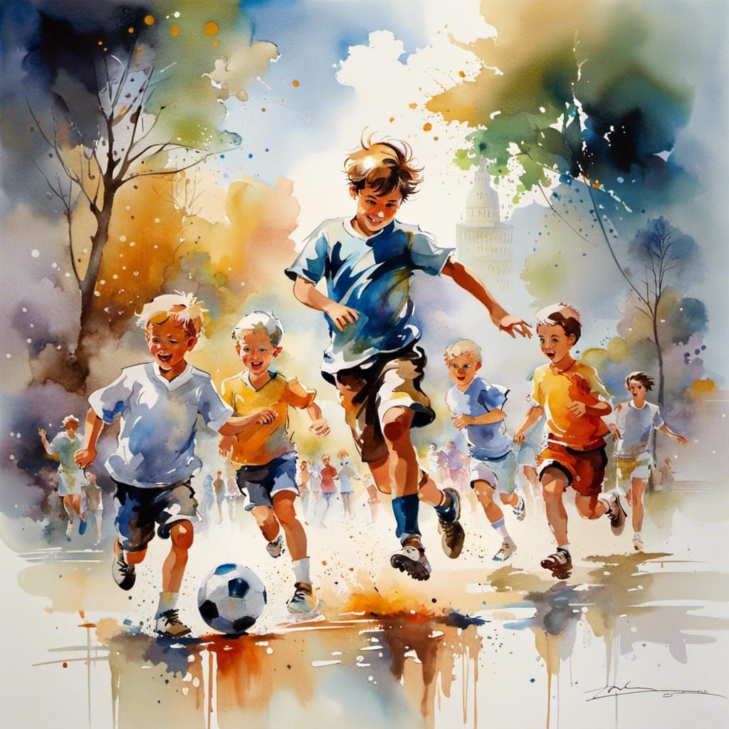 Joyful Boys Playing Football in Timescape, Watercolor