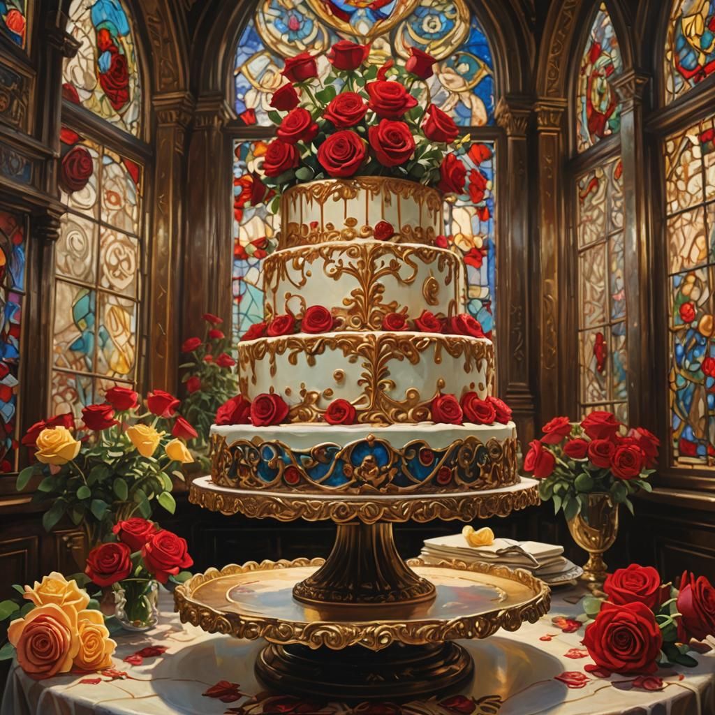 Decadent Cake and Roses in Vibrant Oil Painting