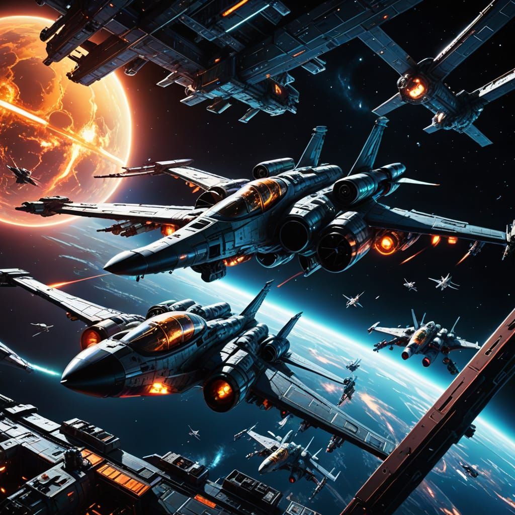Pilots Refueling Starfighters on Space Station in Sci-Fi Art