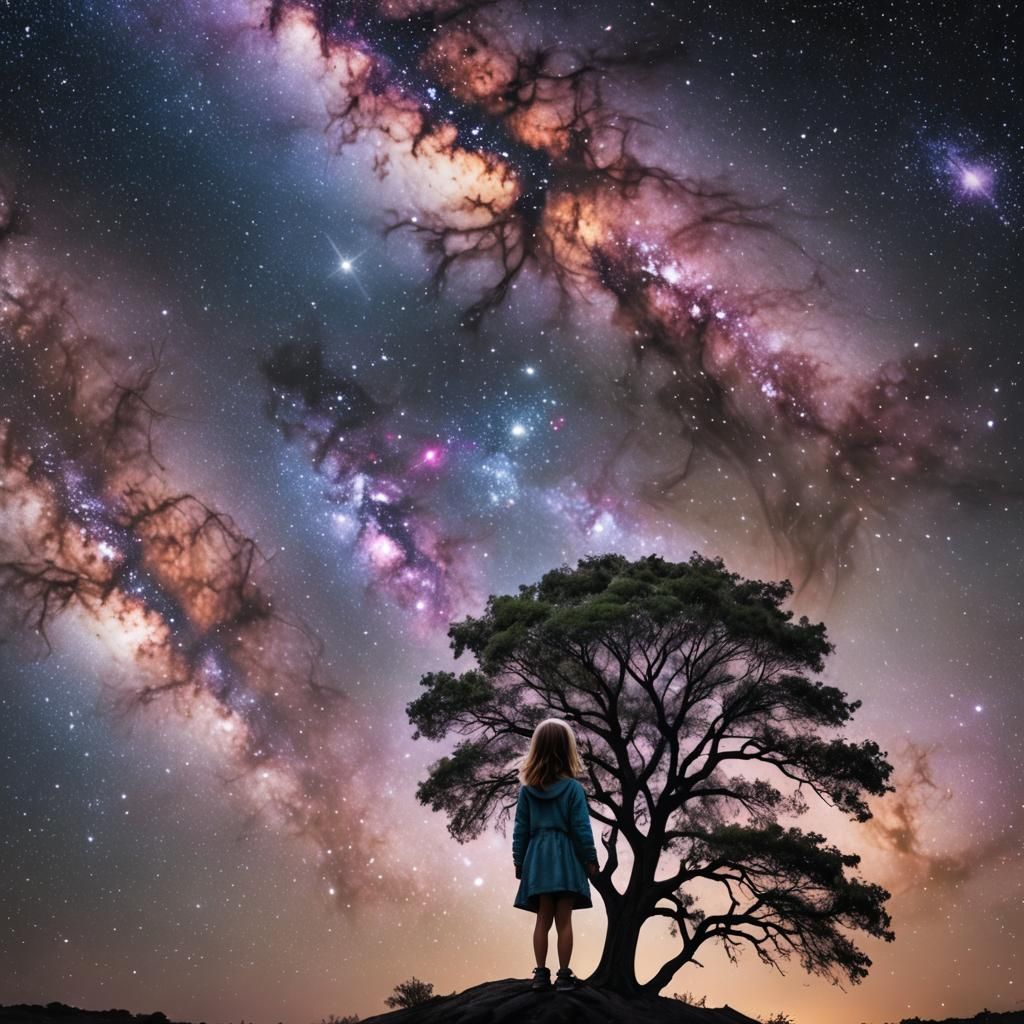 Celestial Galaxy Tree with Girl Reaching for Stars