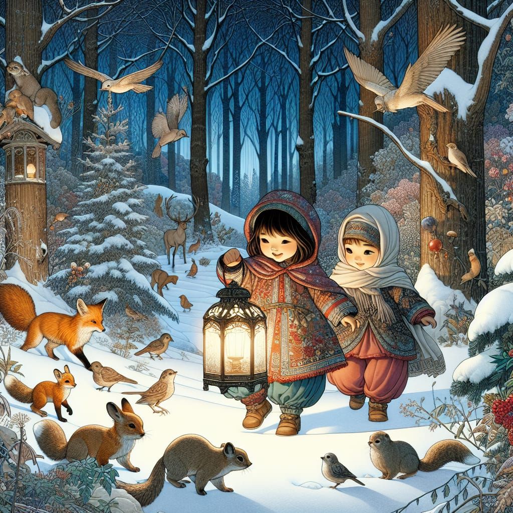 Cute Little Girls Walk with Lantern in Snowy Winter Forest