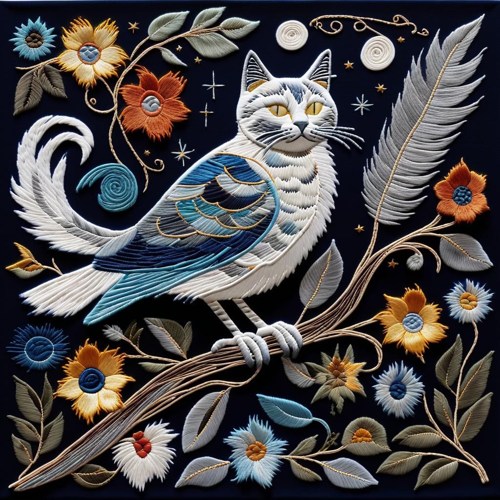Embroidered Cats Stargazing with Flowers and Birds