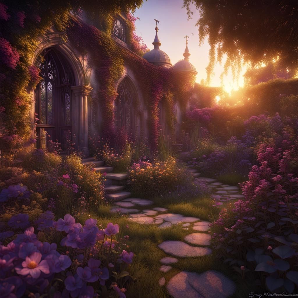 English Secret Garden at Sunset: Dark Fantasy Concept Art