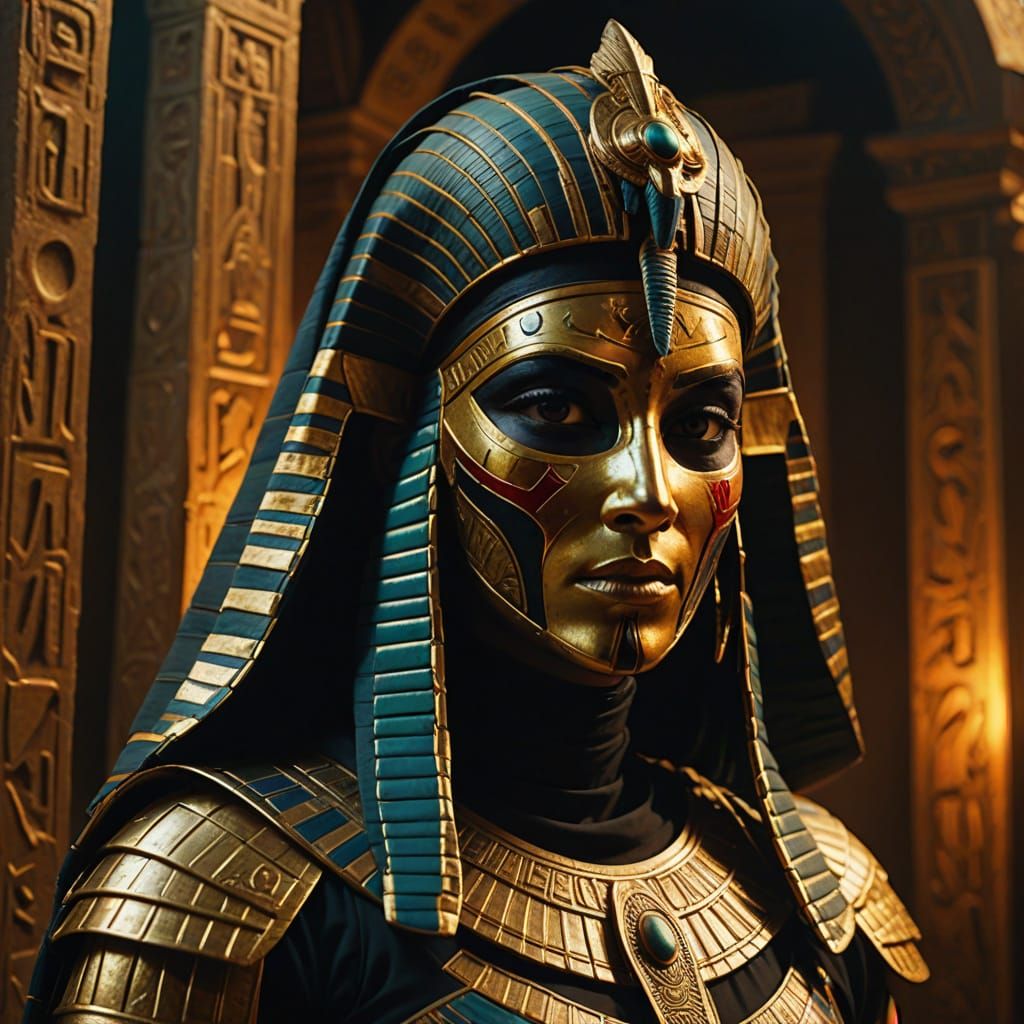 Egyptian Assassin in Locust Mask: Cinematic Oil Painting