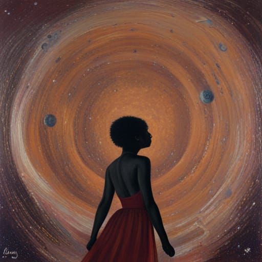 Black Woman with Afro Under Moon, Oil Painting