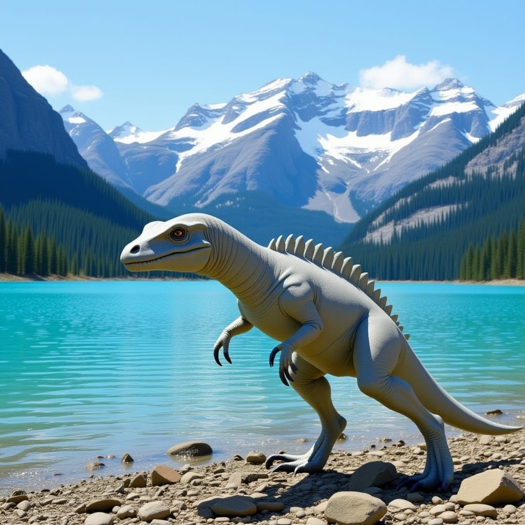 Dinosaur on Rocky Shore with Mountain Backdrop