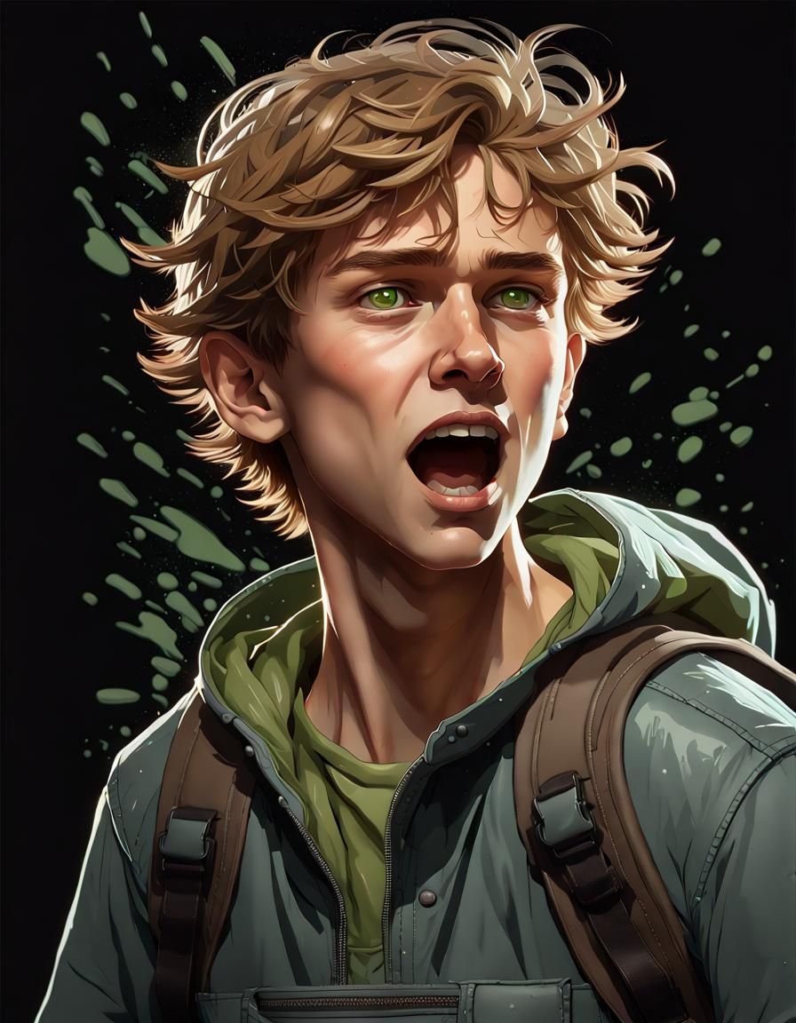 Terrified Boy Runs: Hyperdetailed Portrait in Dynamic Lighti...