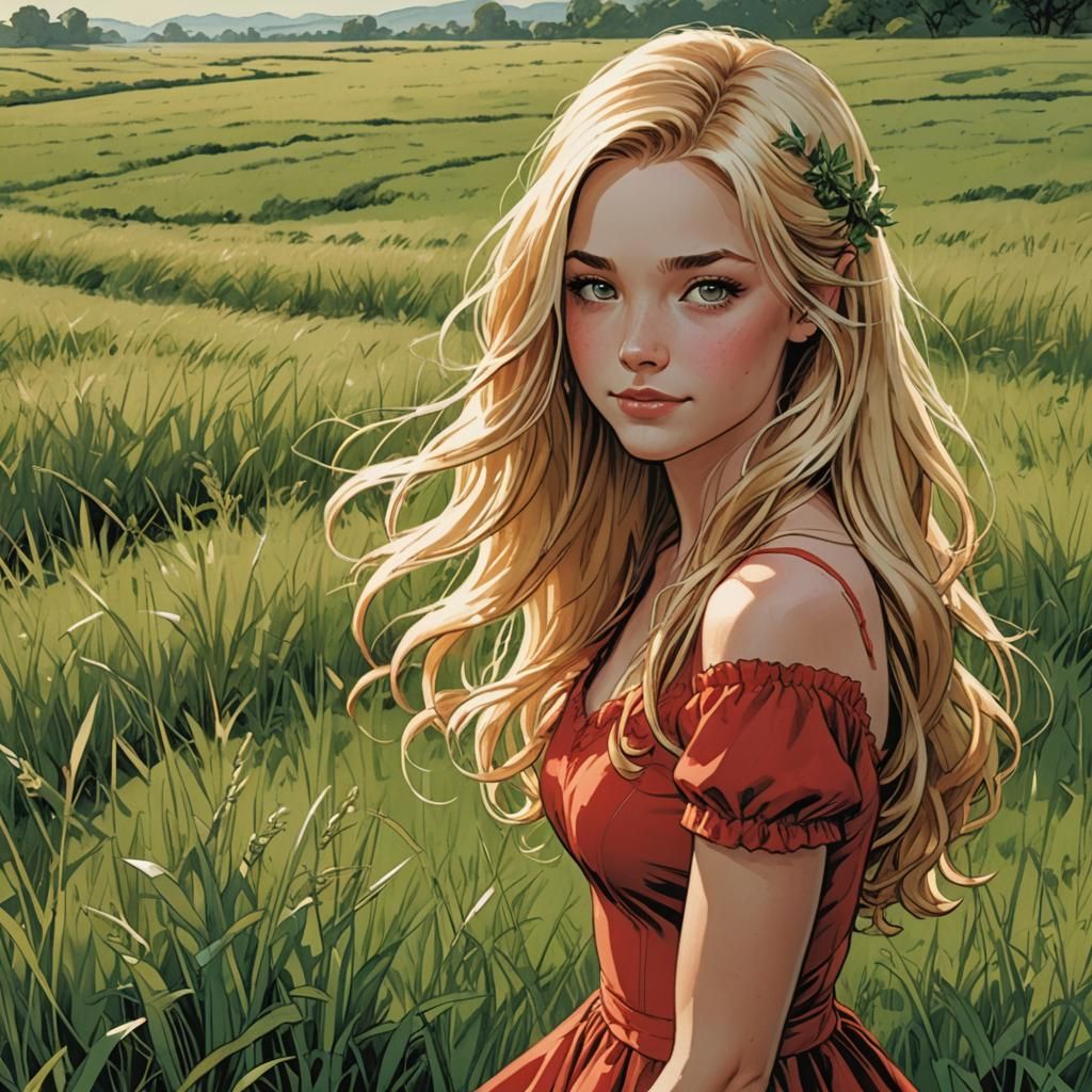 Happy Girl in Red Dress, Comic Book Art
