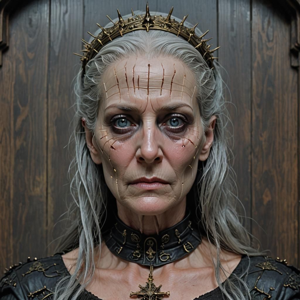 Pinhead Woman Grieving in Gothic Funeral Home