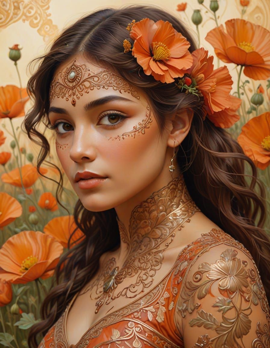 Art Nouveau Portrait of Latina Woman with Henna in Poppy Fie...