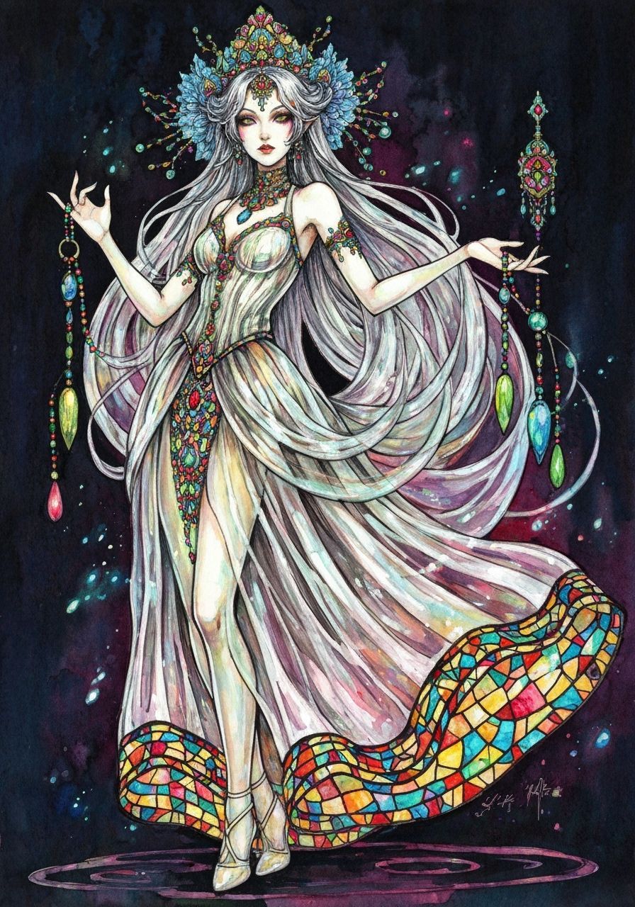 Enchantress in Flowing Glass Dress, High Fantasy Art