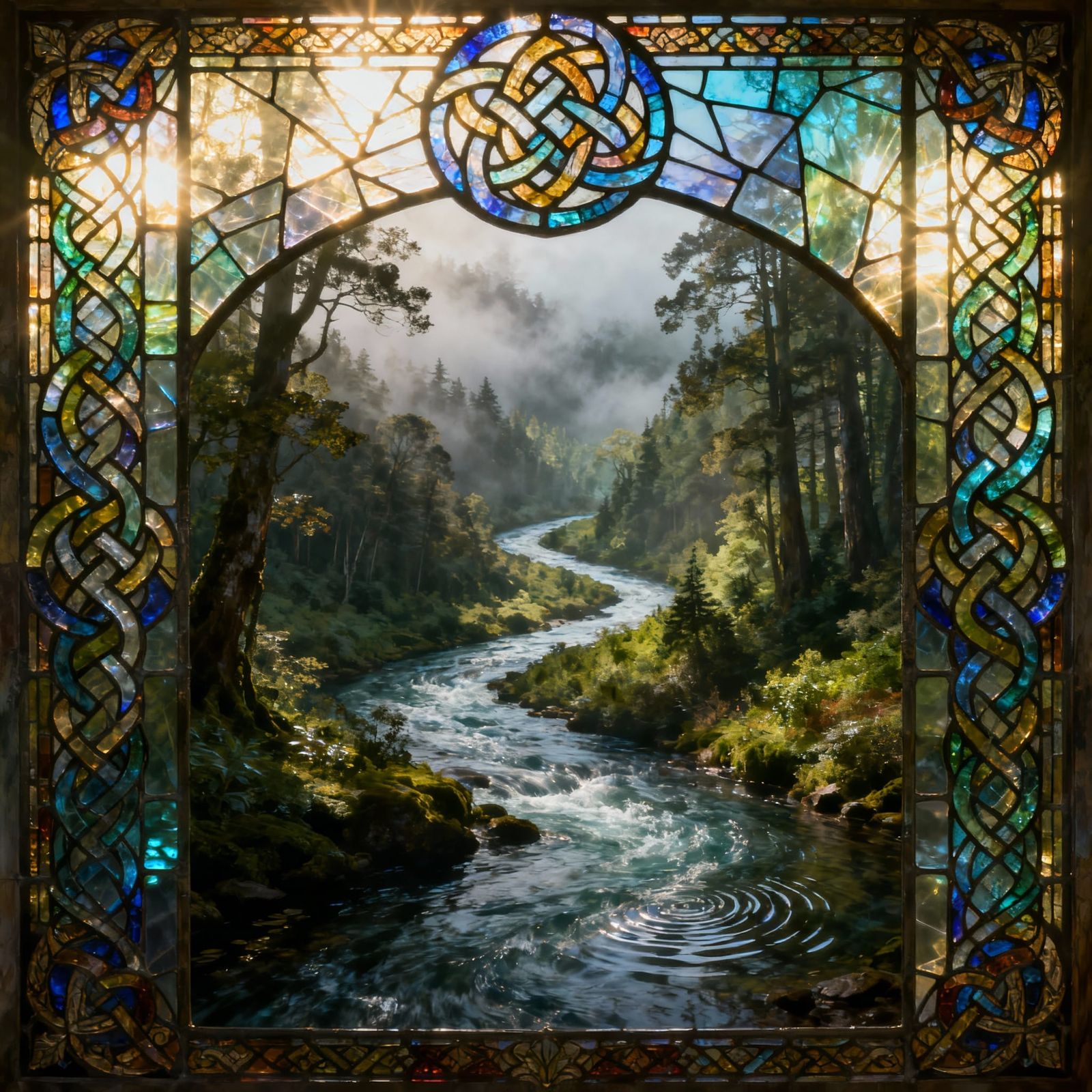 Celtic Knotwork Forest River Stained Glass Art