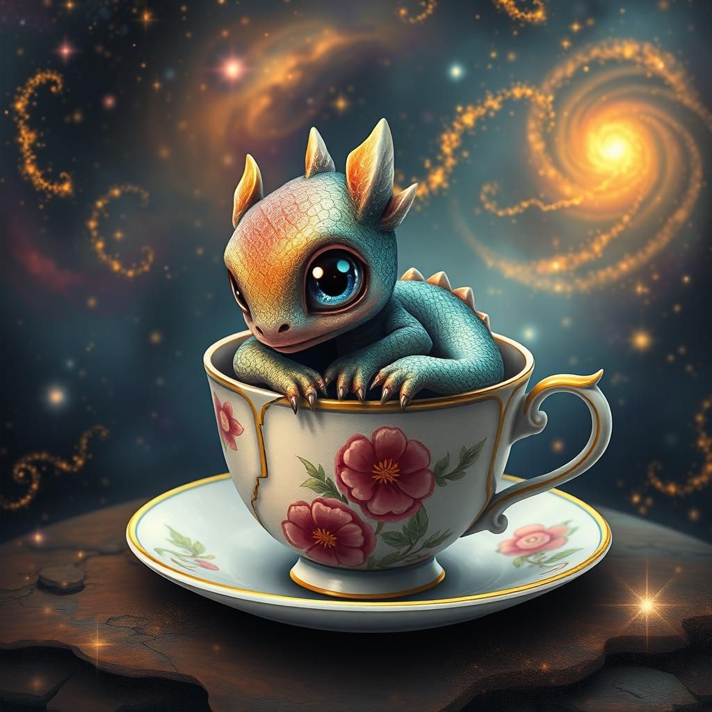 Baby Dragon in Teacup: A Cosmic Art Illustration