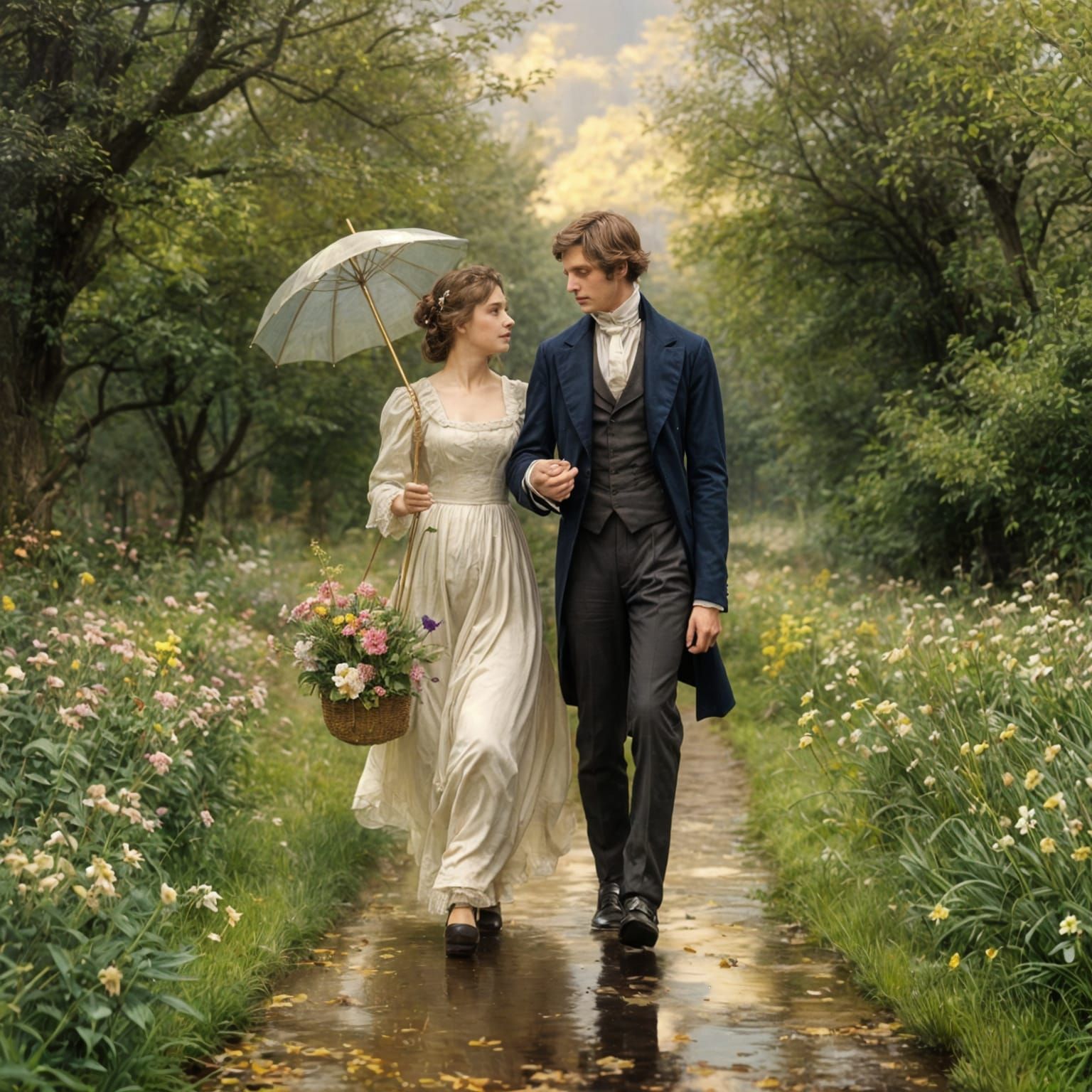 Regency Couple's Romantic Stroll in Golden Light