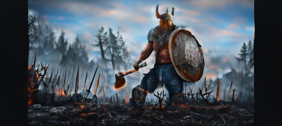 Viking Warrior in Burned Forest Landscape