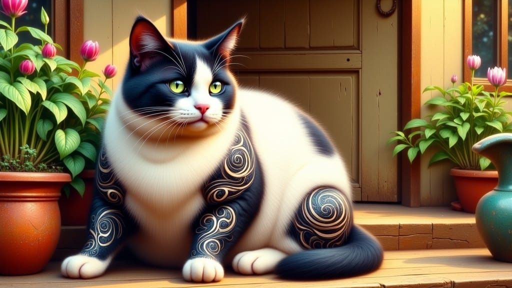 Majestic Tattooed Cat on Porch in Illustrative Realism