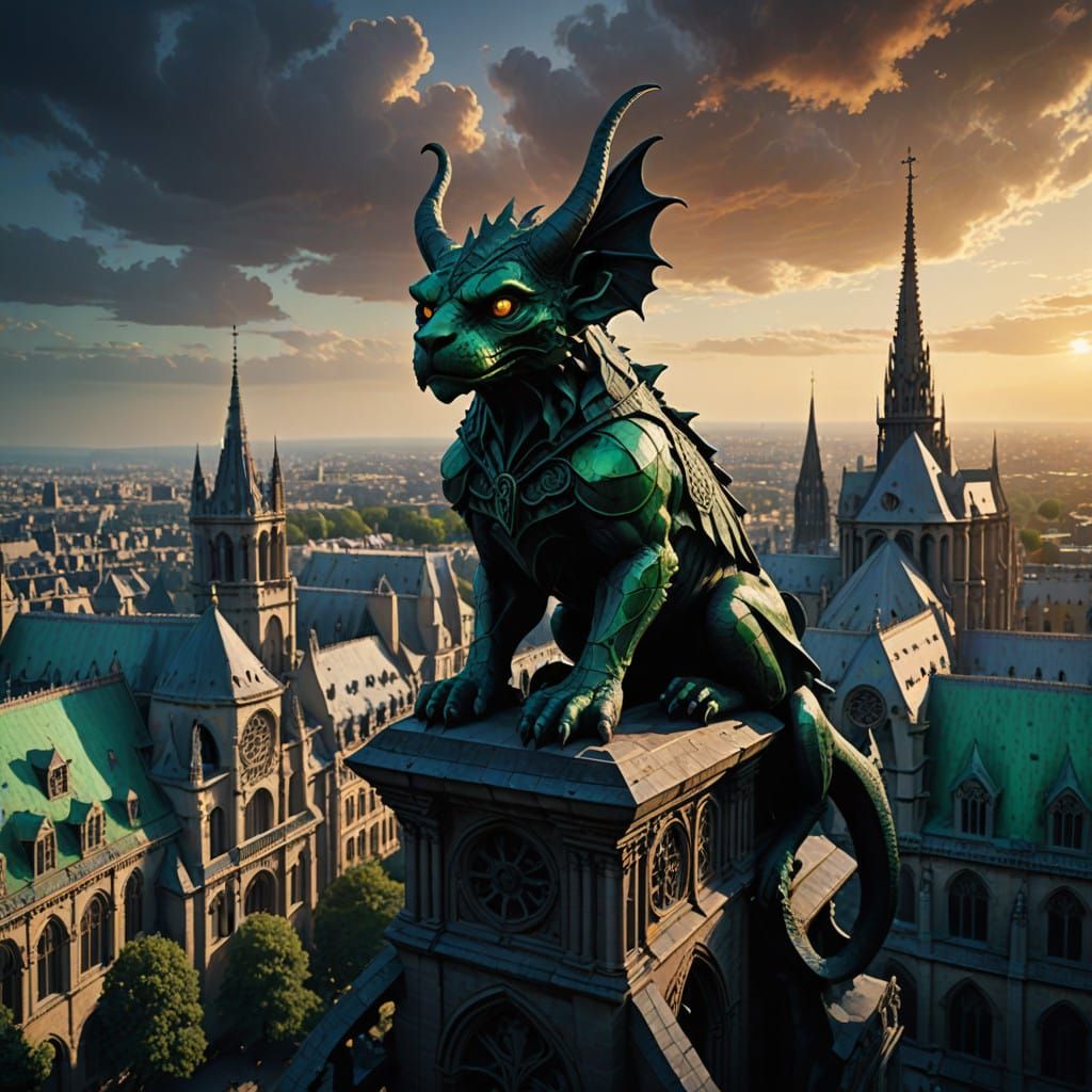 Gothic Gargoyles Silhouetted Amidst Emerald Twilight