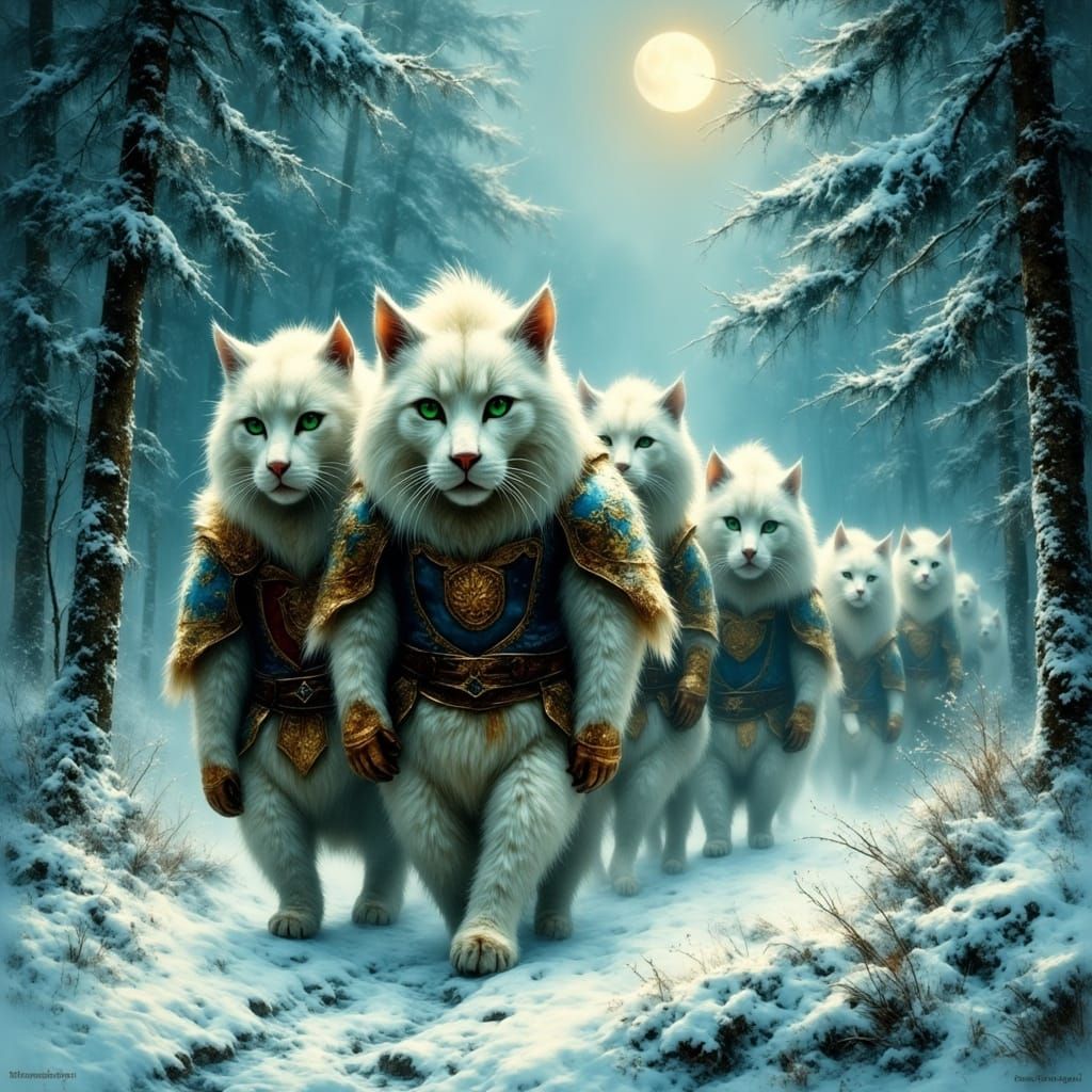 Battle Cats March Through Snowy Forest in Dreamlike Landscap...