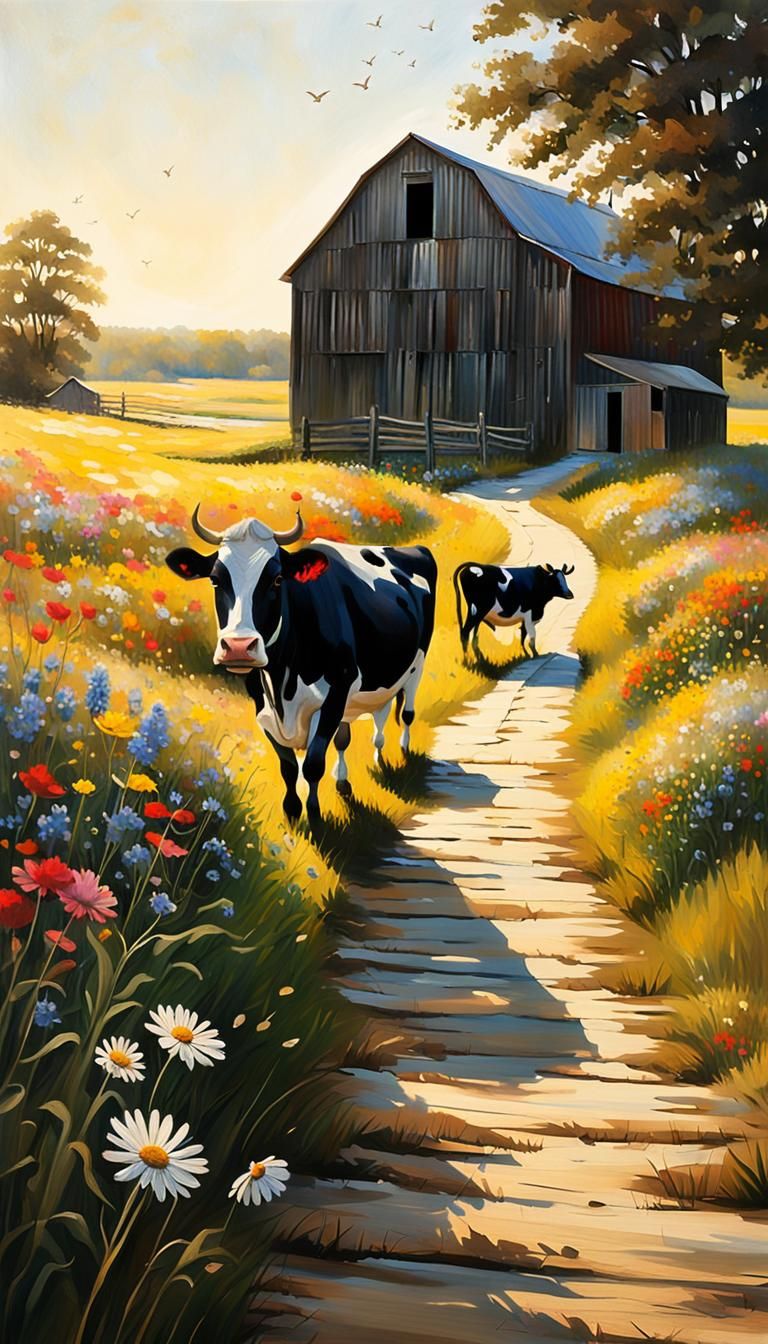 Rustic Landscape Painting of Farmer with Cows