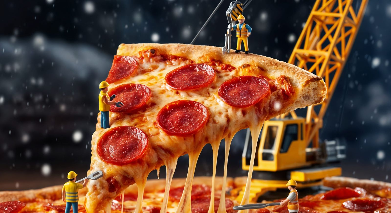Surreal Hyperrealistic Scene of Pizza Lifted by Crane in Pla...