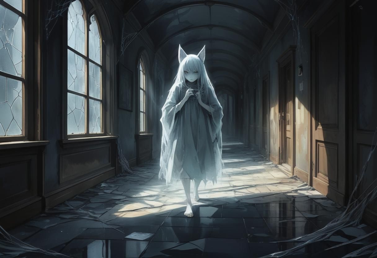 Eerie Ghostly Fox in Haunted House Hallway