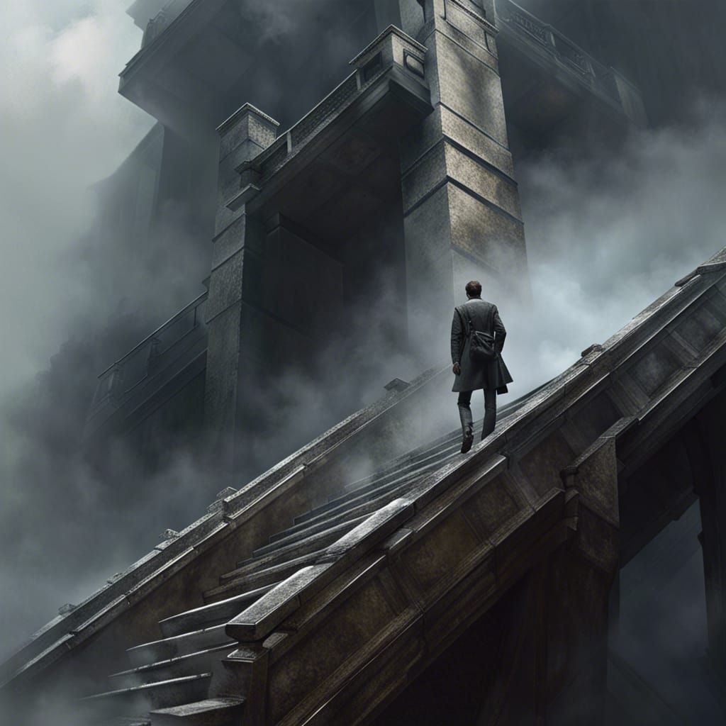 Man Climbs Staircase in Dark Fantasy Art