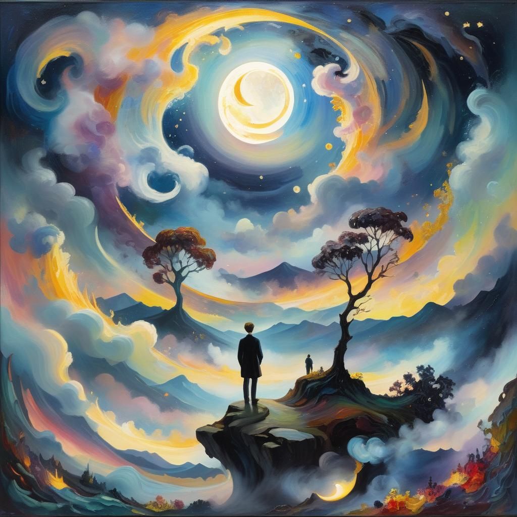 Swirling World with Crescent Moon, in Impasto Style