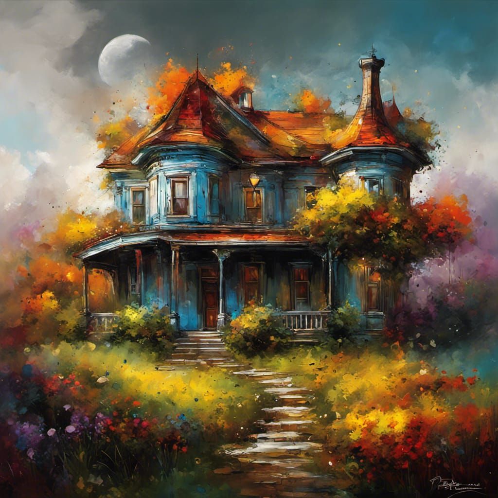 Colorful House on a Hill, Pop Art Style