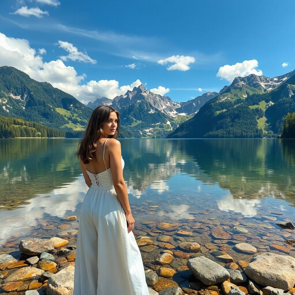 Woman by Serene Swiss Lake in Romantic Style