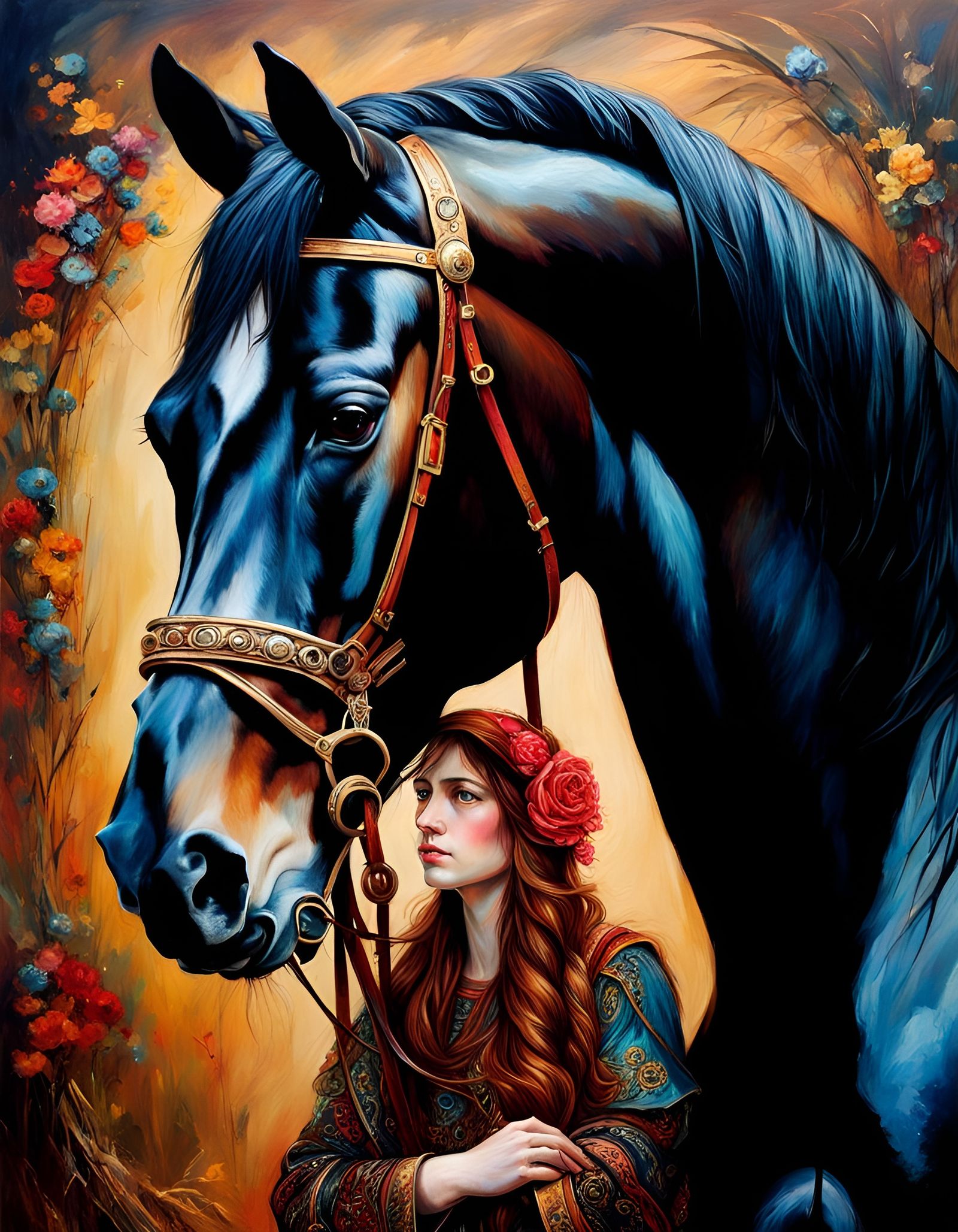 Beautiful Black Horse Oil Painting