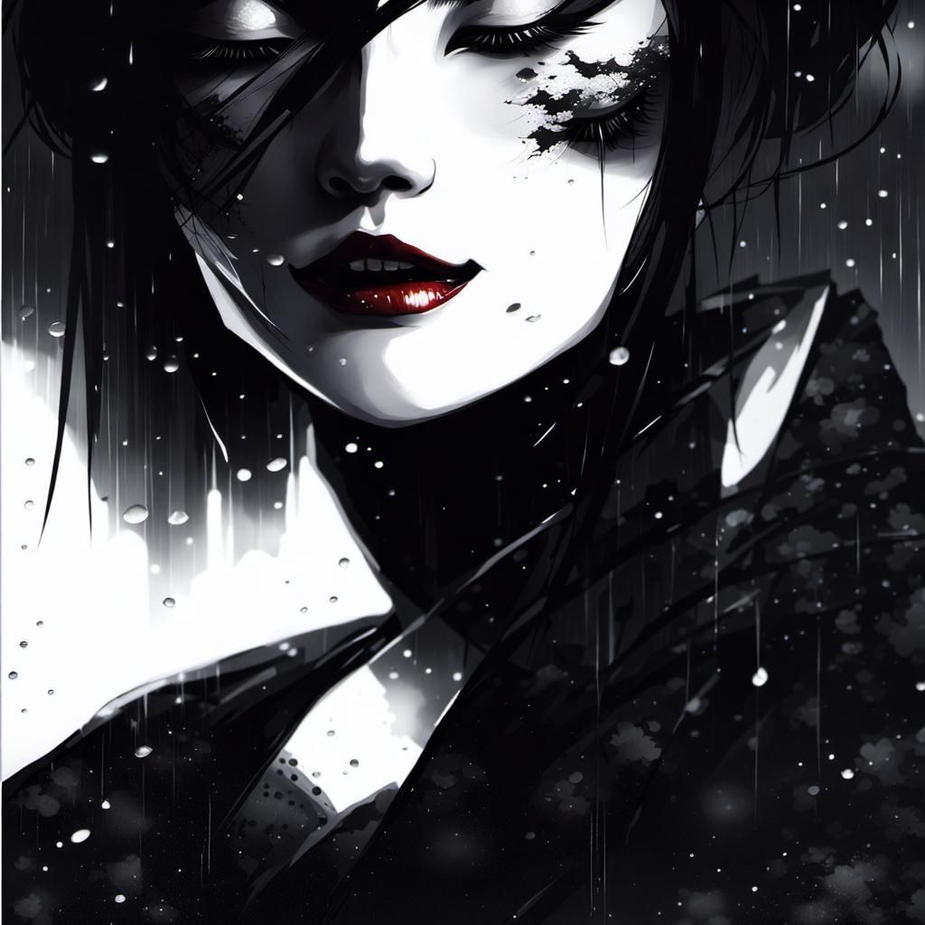 Geisha in Rain: Hyperdetailed Cross Hatching Drawing