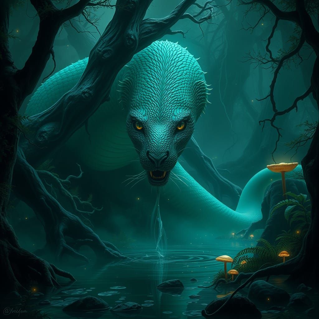 Hyper-Realistic Dark Fantasy Panther-Snake Hybrid in Primeva...