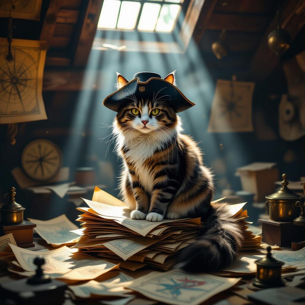 Anthropomorphic Cat Sits on Antique Maps in Dramatic Light