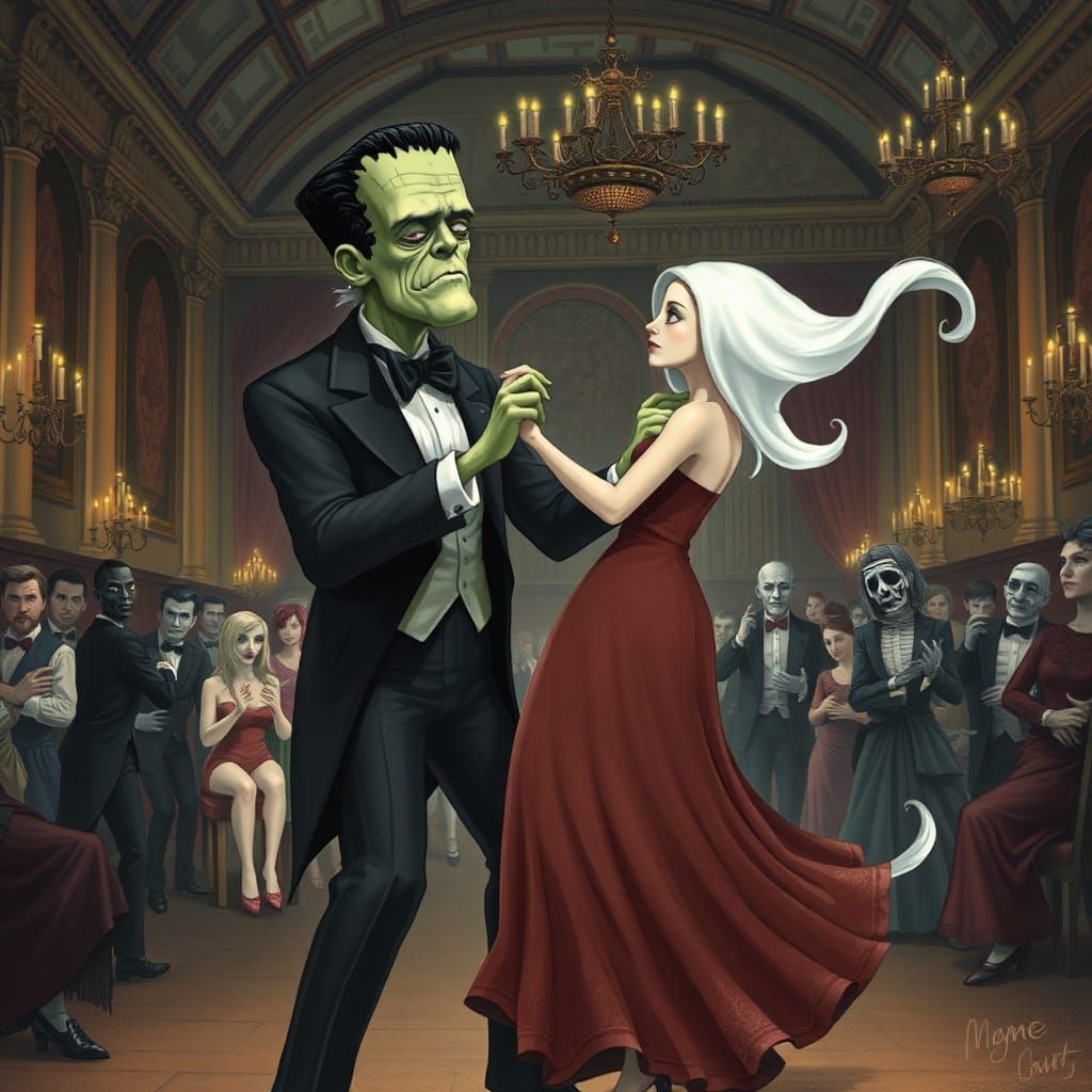 Frankenstein's Monster and Ghostly Ball, Dark Fantasy Art