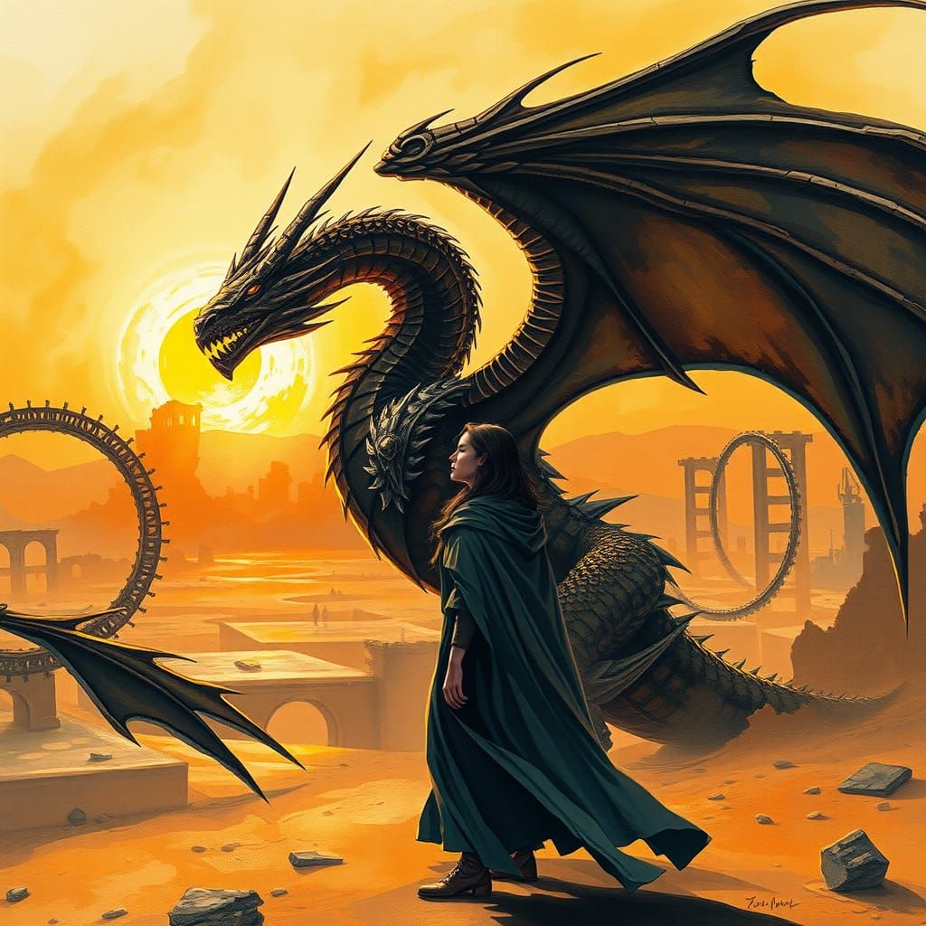 Dragon and Woman in Apocalyptic Sunset, Watercolor Impasto