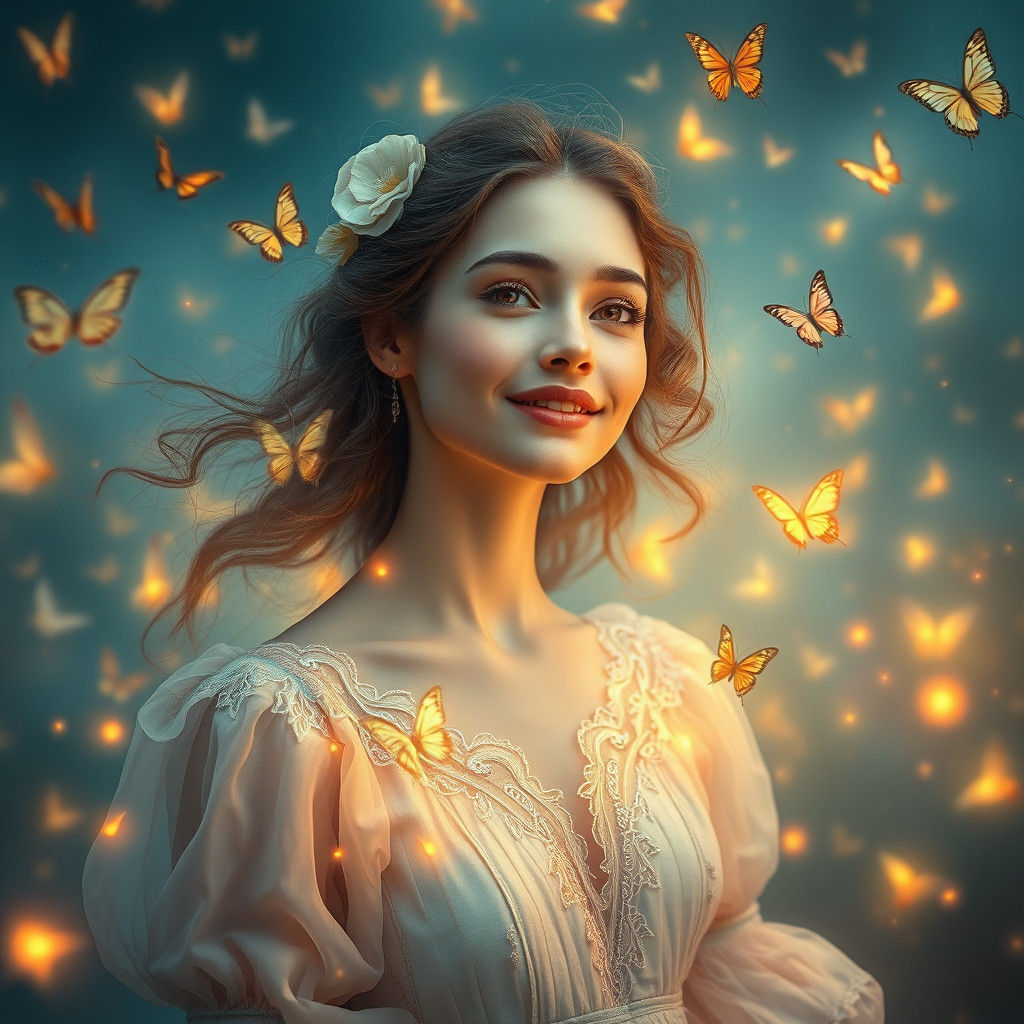 Woman in Butterfly Swarm, Dreamlike Digital Art