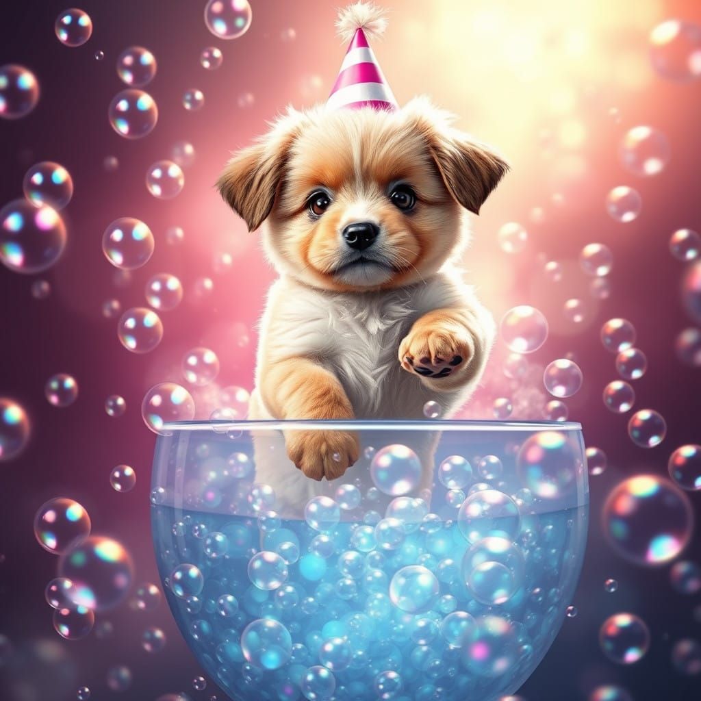 Dreamy Puppy in a Sea of Iridescent Bubbles