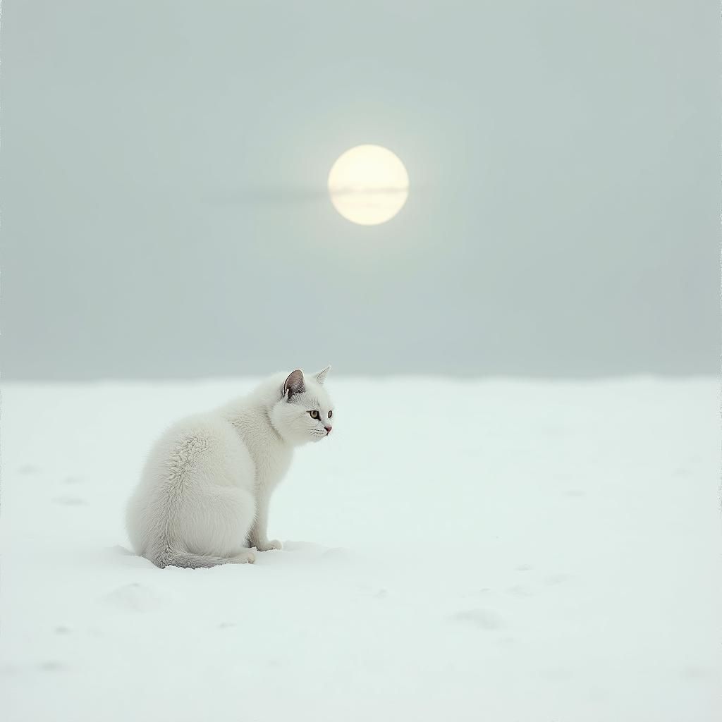 White Cat in Snowy Landscape, Realist Aesthetic