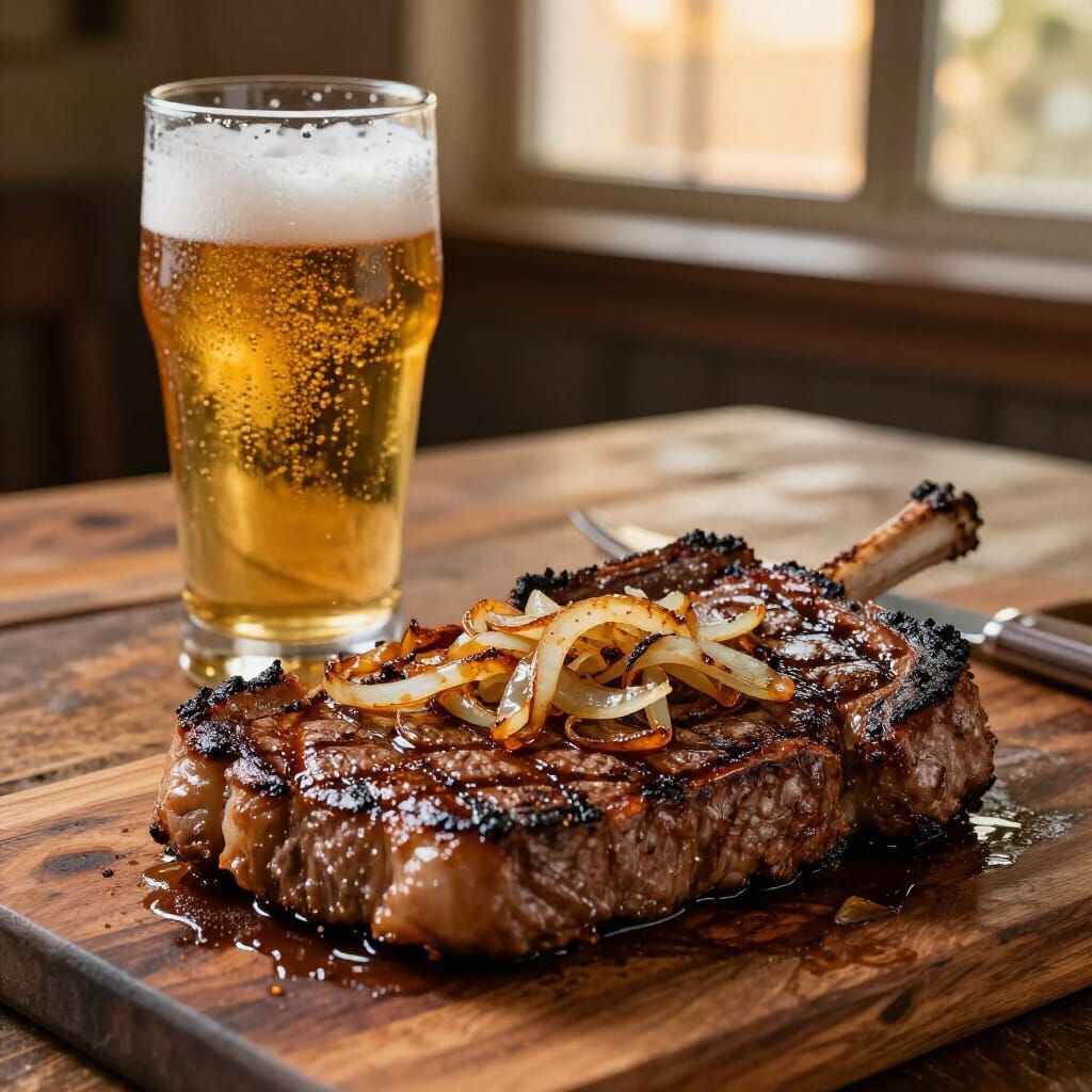 Juicy Grilled Steak and Cold Beer on Wooden Table