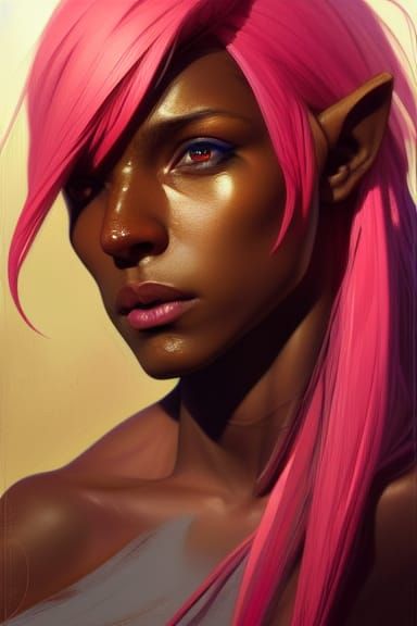 Striking Elf Portrait with Pink Hair, Detailed Art