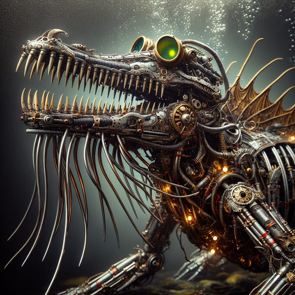 Steampunk Crocodile Skeleton Submerged in Water