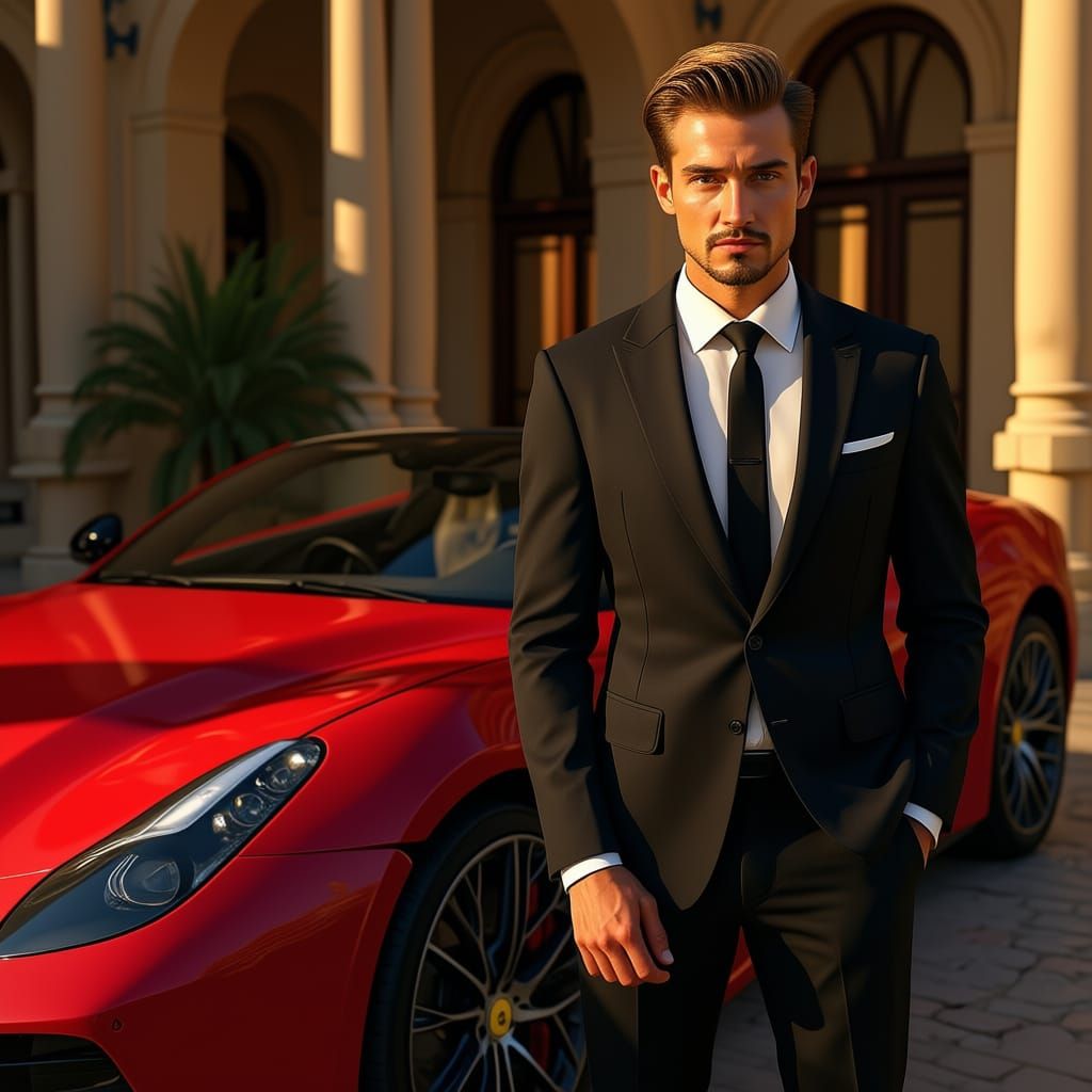 Wealthy Man Poses With Ferrari At Mansion
