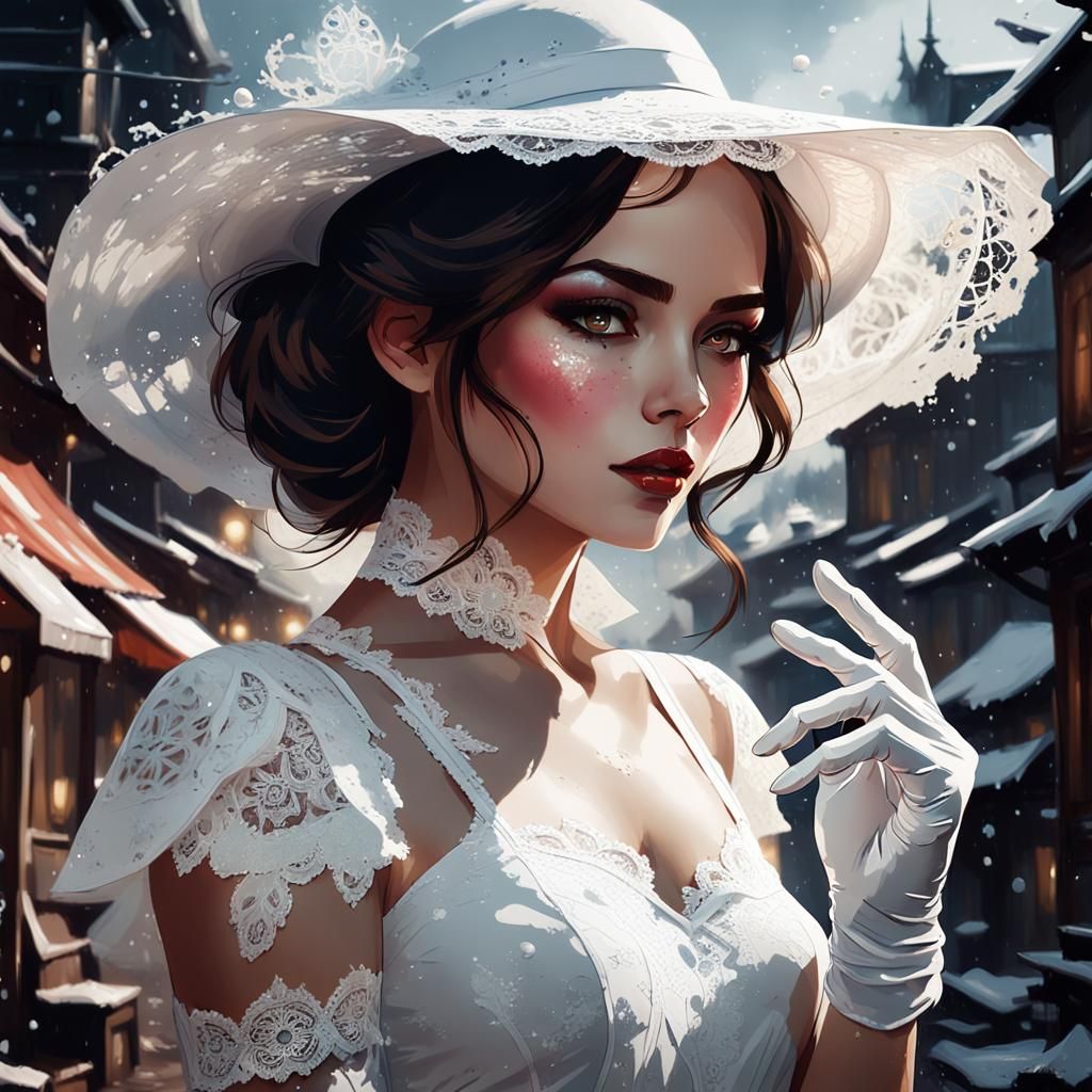 Brunette in White Hat: Expressive Black and White Speedpaint