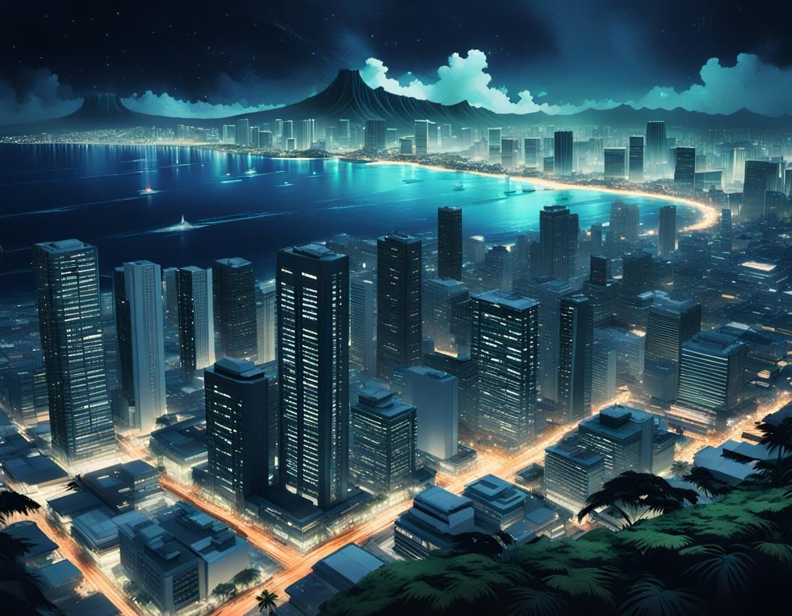 Futuristic Honolulu Cityscape in Digital Illustration Style