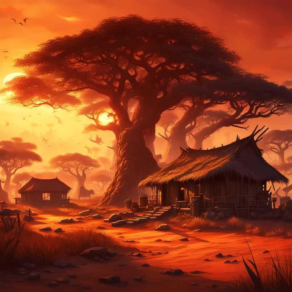 African Village Sunset in Fiery Hues