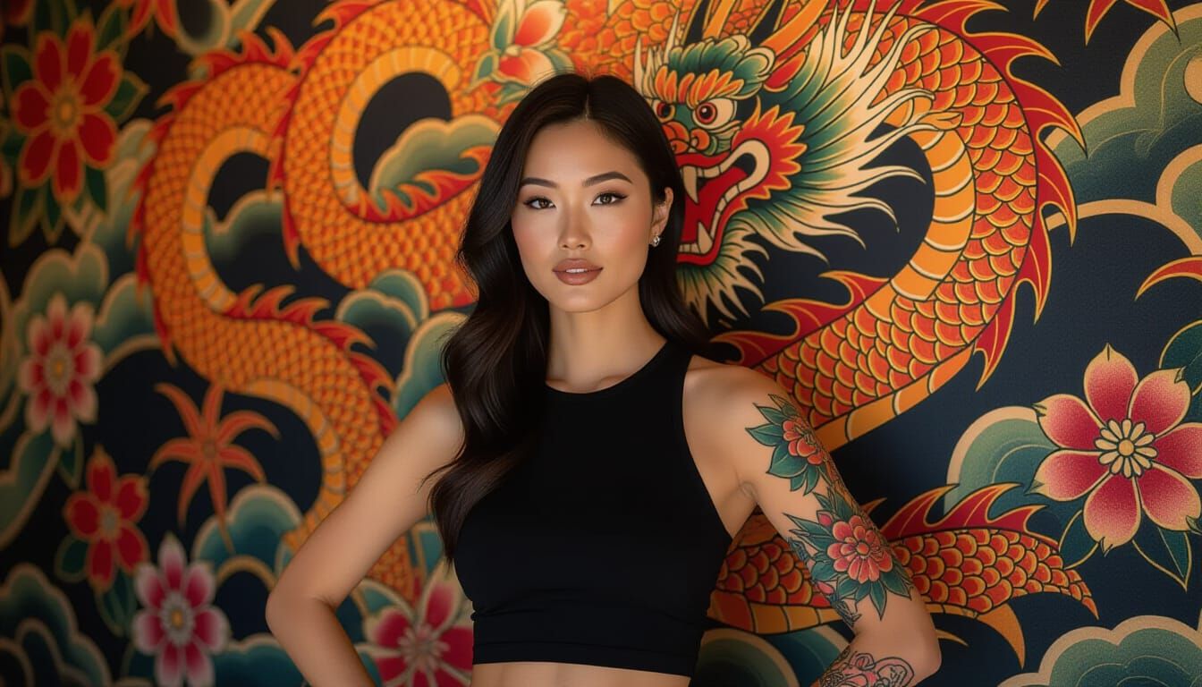 Asian Woman with Irezumi Dragon Tattoo Mural