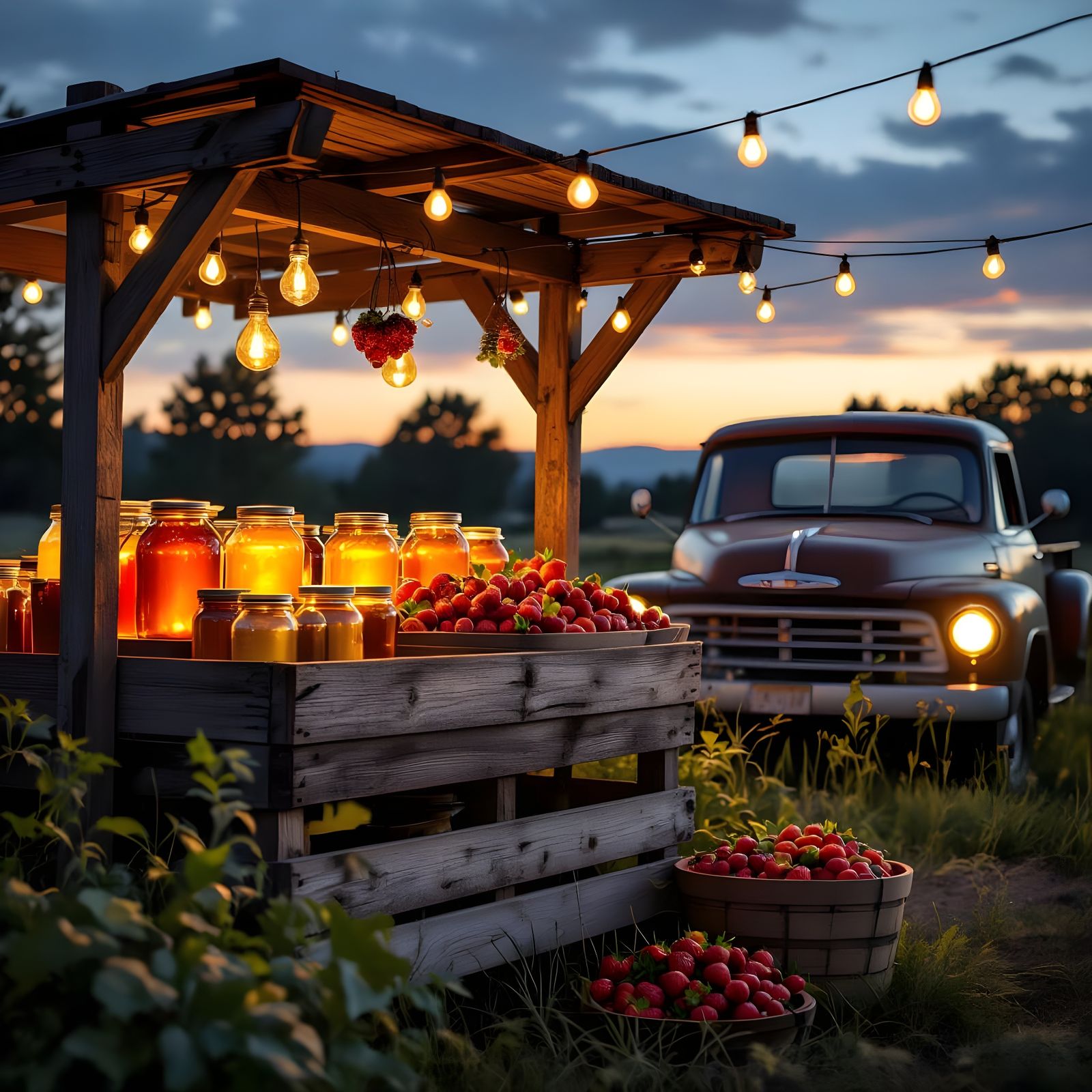 Rustic Farmstand at Dusk with Glowing Honey