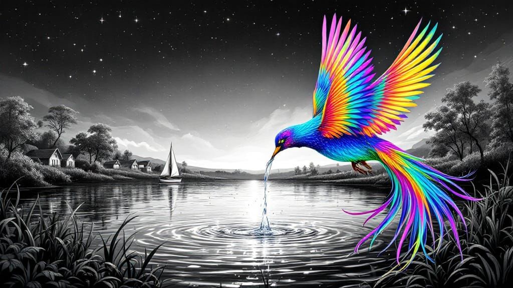 Rainbow Bird Drinks from River in Black and White