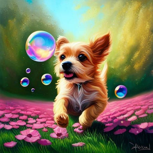 Puppy's Joyful Bubble Chase: Hyperrealistic Garden Painting